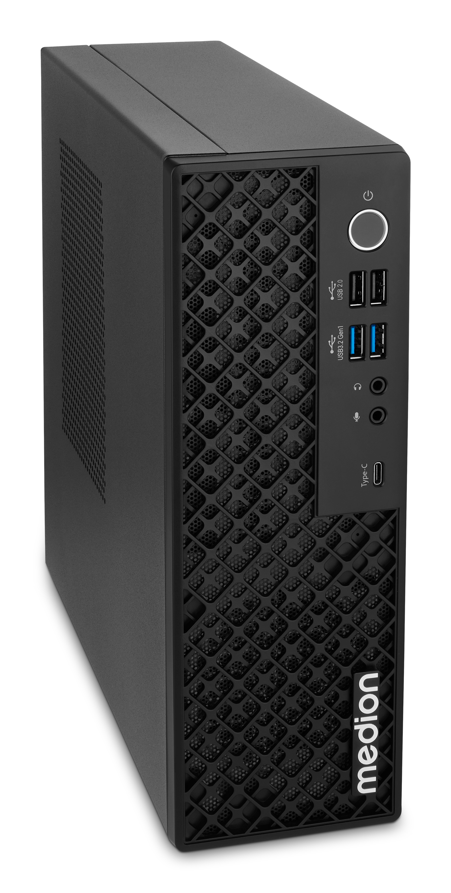 Black Medion PC tower. Features power button, USB ports, audio jacks, and ventilation. The front has a patterned design and the Medion logo.