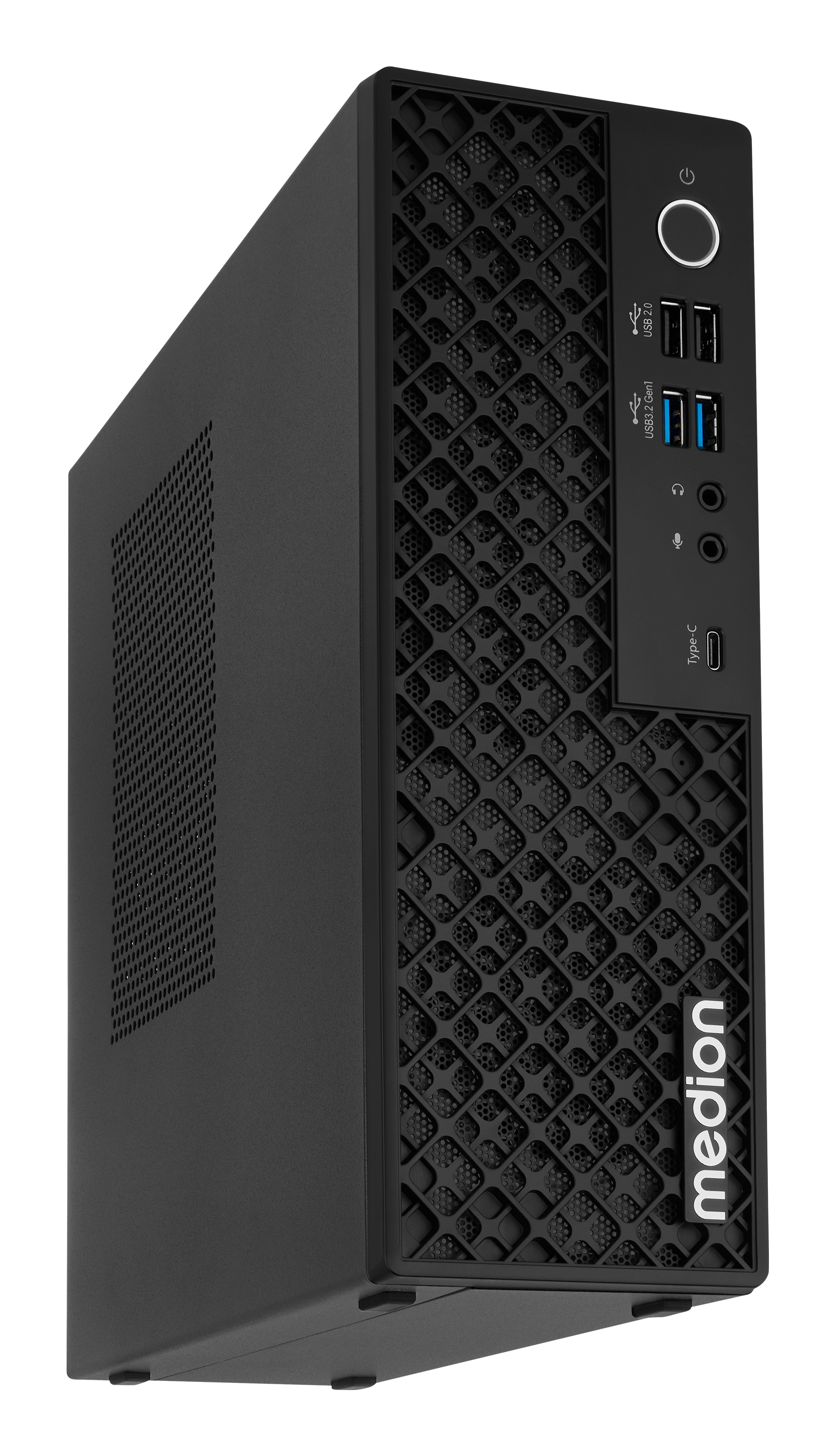 A black desktop computer case. It has a power button, USB ports, and a Type-C port. The brand name is Medion.