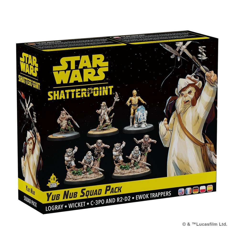 Una caja de Star Wars Shatterpoint. Muestra figuras en miniatura de personajes como Ewoks, C-3PO, R2-D2 y Wicket. La caja es negra.