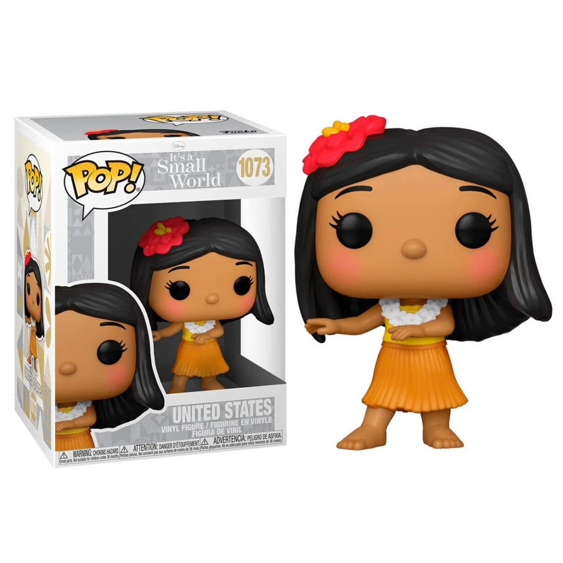 Eine Funko Pop!-Figur eines hawaiianischen Mädchens aus 'It's a Small World'. Sie trägt eine Blume im Haar, eine Lei und einen orangefarbenen Rock.