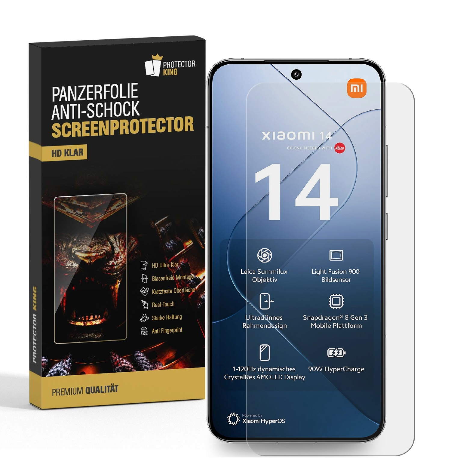 Ein Telefon mit Displayschutzfolie neben einer Box. Auf der Box steht 'Screen Protector' mit verschiedenen Funktionen.