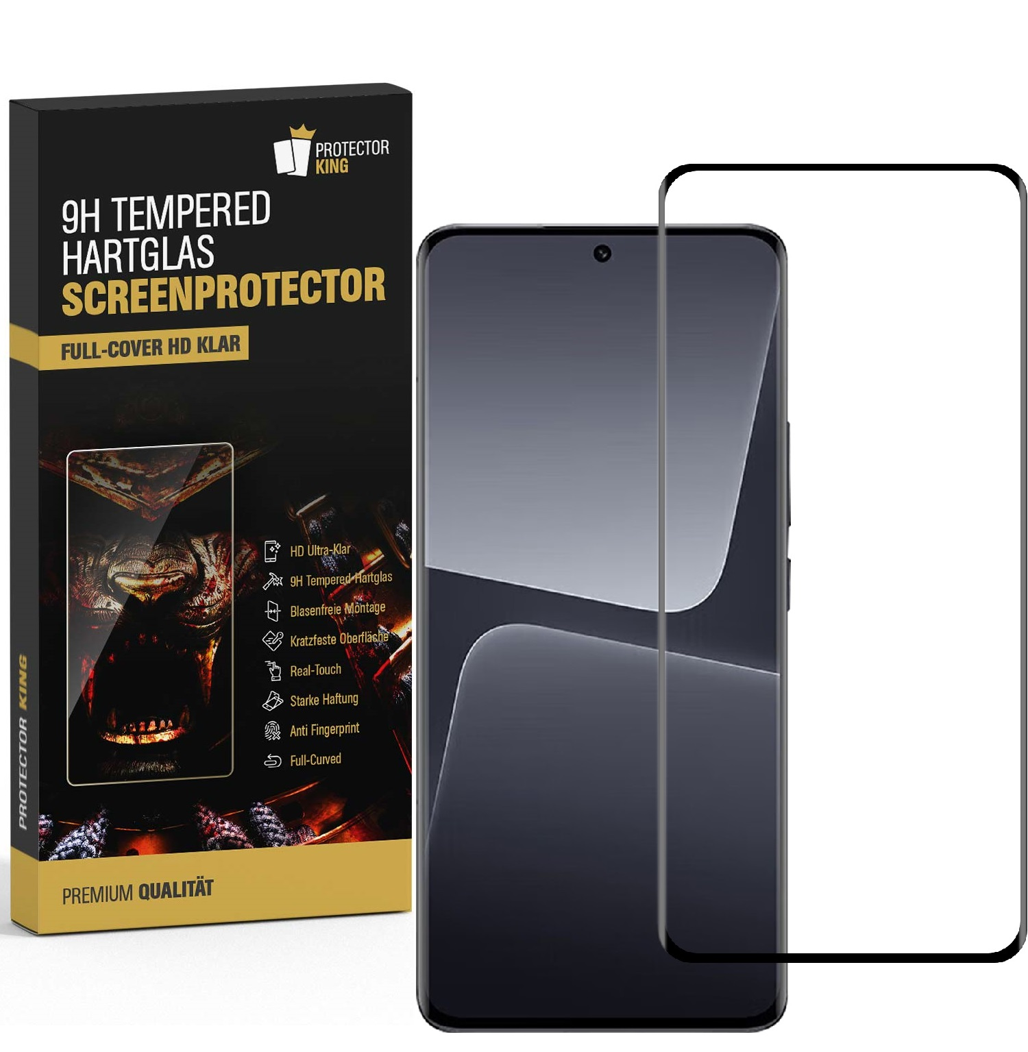 Eine Displayschutzfolienbox und ein Telefon mit angebrachter Displayschutzfolie. Die Box enthält Text über gehärtetes Glas und Funktionen.