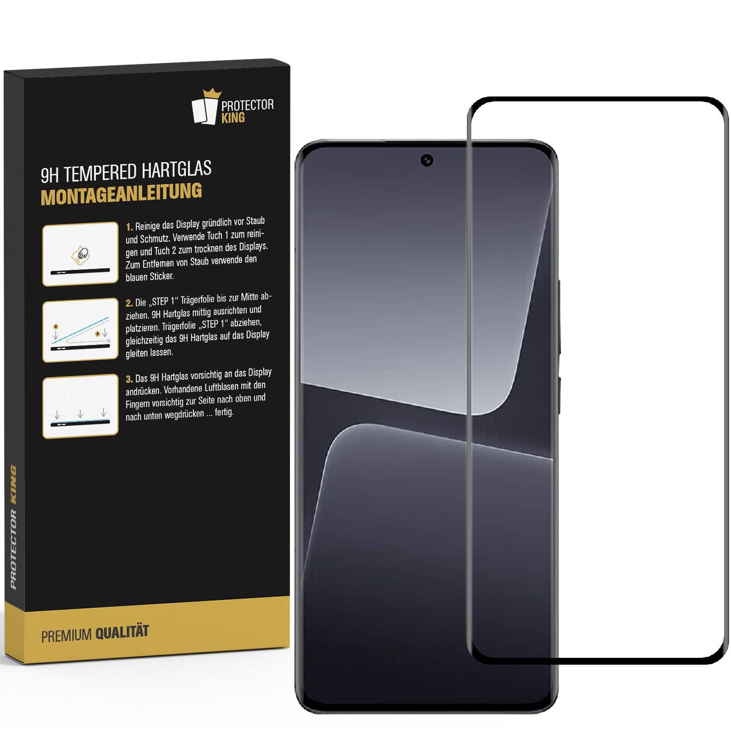 Ein Telefon mit einem Displayschutzfolien-Kit. Die Box zeigt Anweisungen und den Schutz selbst. Das Telefon ist schwarz und der Schutz ist klar.