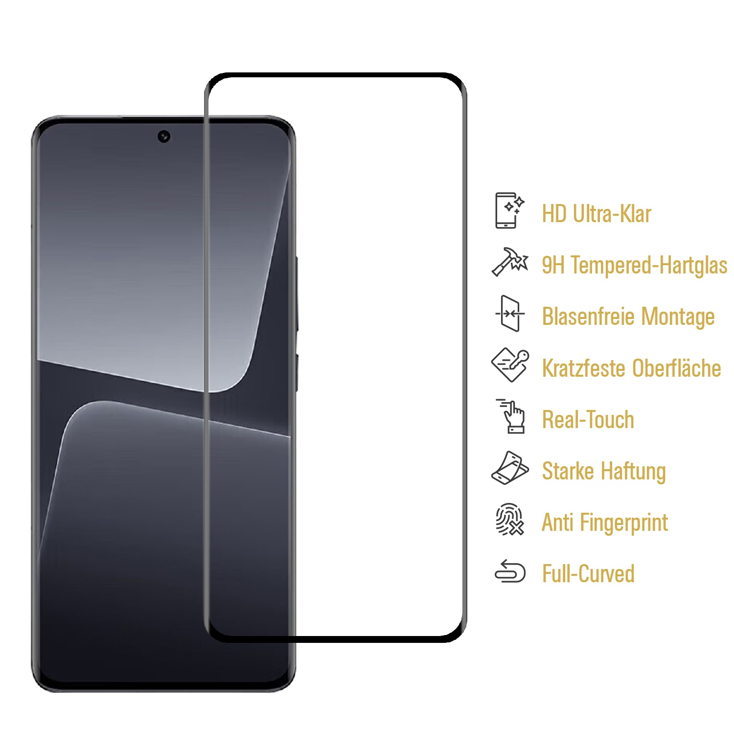 Ein Telefon mit Displayschutz. Zu den Merkmalen gehören HD-Klarheit, gehärtetes Glas, blasenfreie Installation, Kratzfestigkeit und Anti-Fingerabdruck.