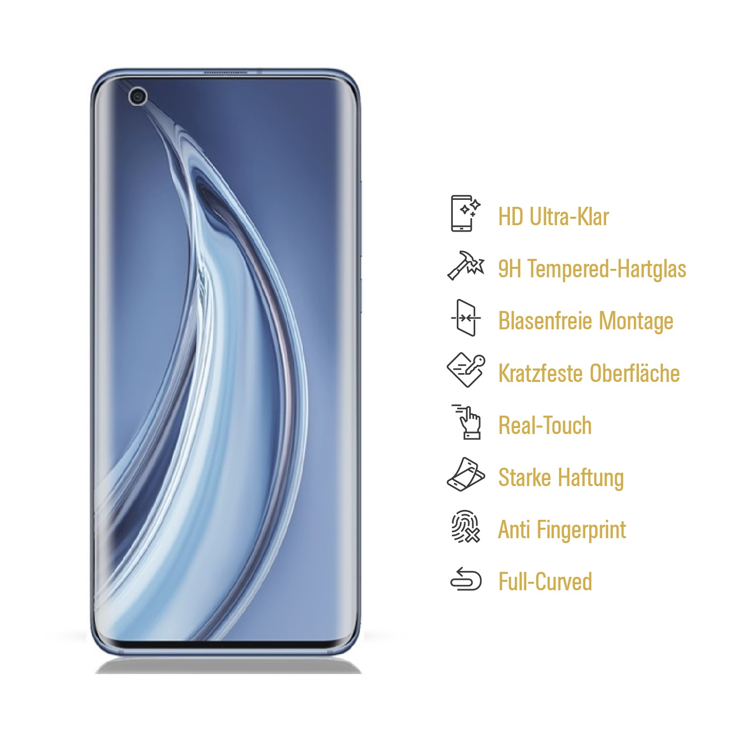 Ein Smartphone mit gebogenem Bildschirm links, mit Symbolen und Text zur Beschreibung der Funktionen rechts.