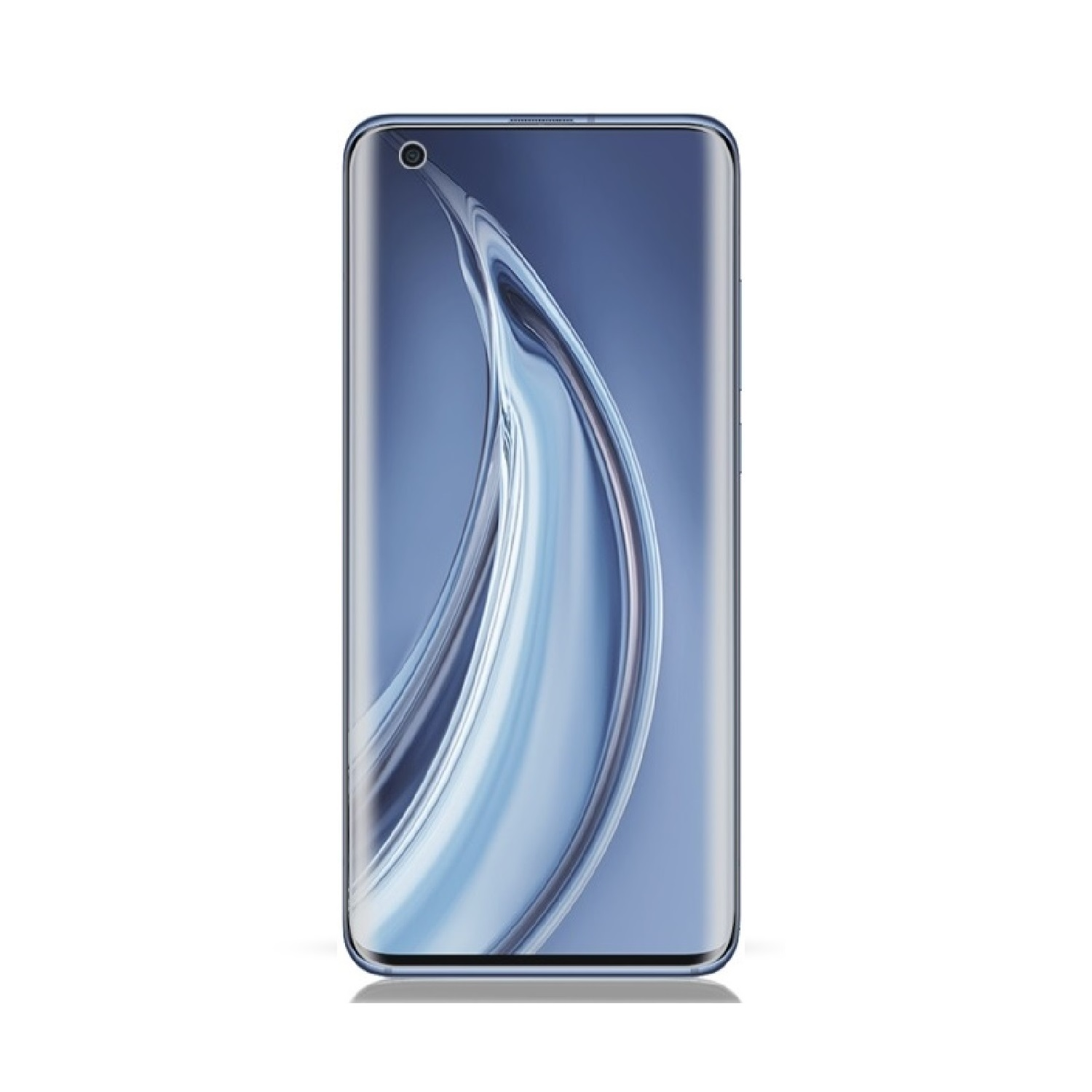 Ein blaues Smartphone mit gebogenem Bildschirm zeigt ein fließendes, abstraktes Design. Eine Frontkamera ist sichtbar.