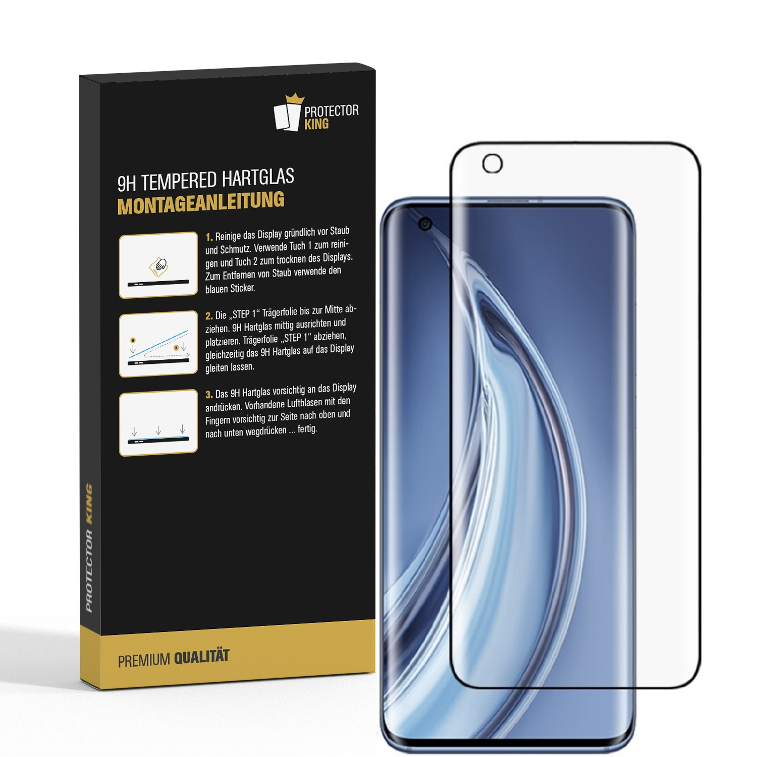 Ein Displayschutzfolien-Kit mit Anweisungen, ein Telefon und eine Displayschutzfolie werden auf weißem Hintergrund angezeigt.