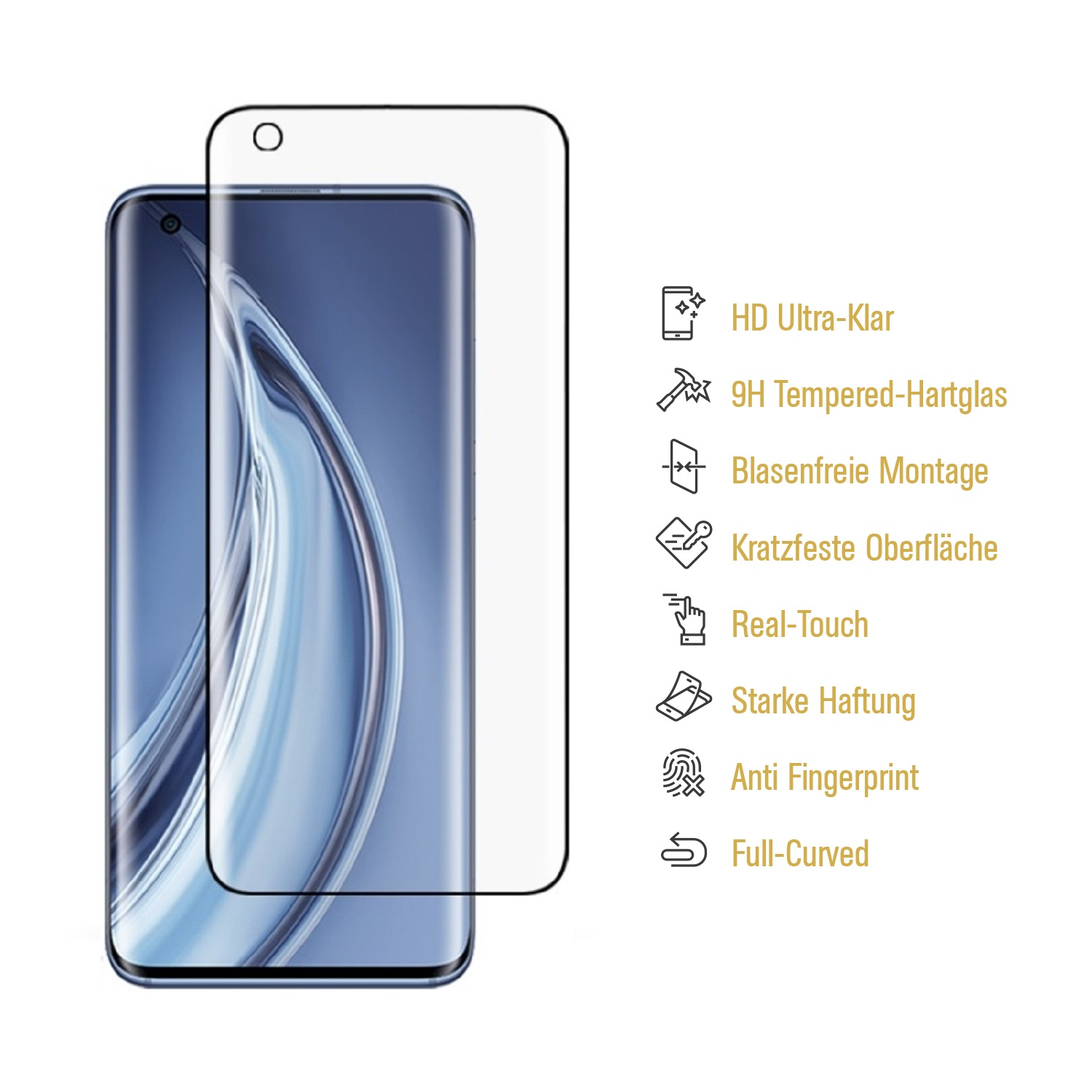 Smartphone mit aufgelegter Displayschutzfolie. Merkmale sind HD-Klarheit, gehärtetes Glas und Anti-Fingerprint-Eigenschaften.