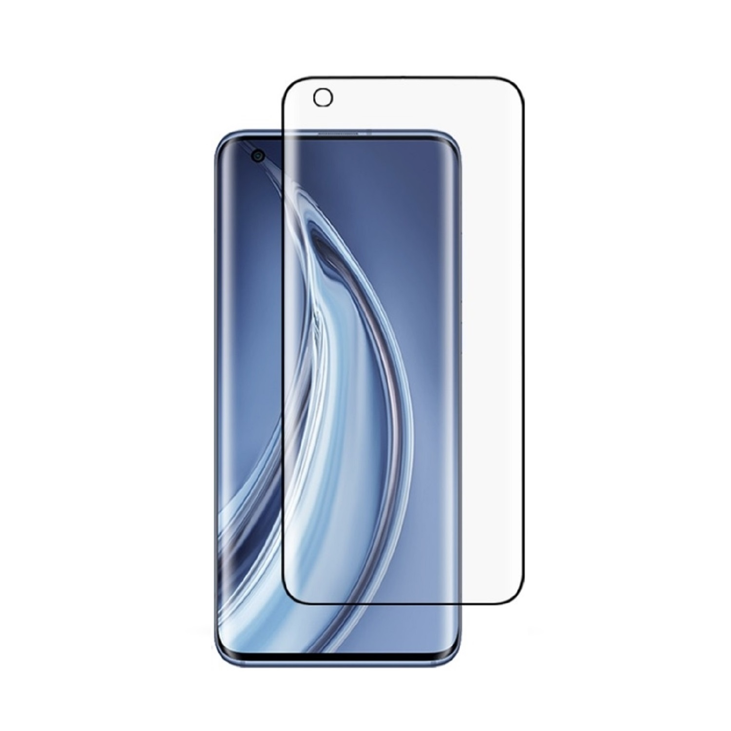 Ein Smartphone mit aufgebrachter Displayschutzfolie. Das Telefon ist blau und hat einen gebogenen Bildschirm. Der Schutz ist klar.