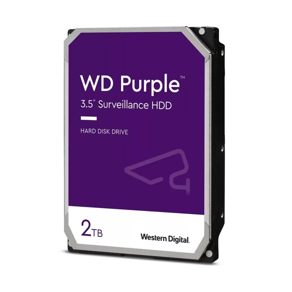 Dysk twardy WD Purple 3,5" Surveillance HDD, 2 TB, firmy Western Digital. Fioletowa etykieta, czarna obudowa, ikona kamery.