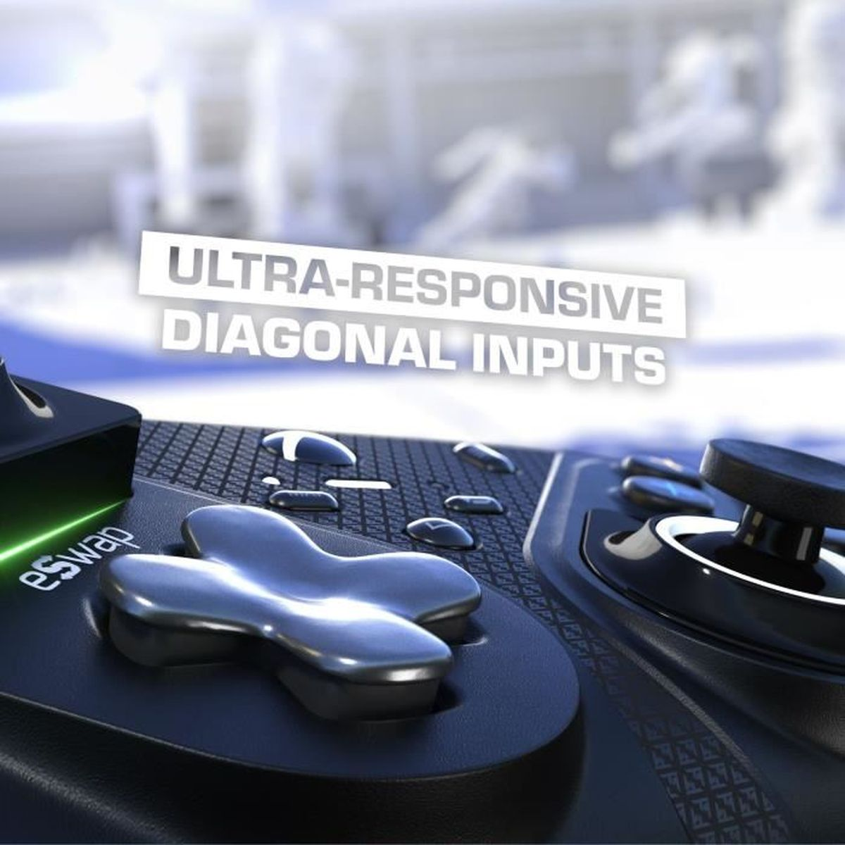 Primer plano de un mando de juegos negro. Se ve una cruceta plateada, botones y un joystick. El texto dice 'Ultra-Responsive Diagonal Inputs'.