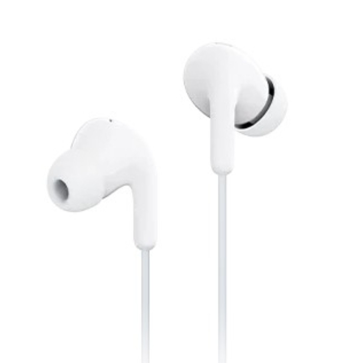 Dwa białe słuchawki douszne na białym tle. Słuchawki mają zakrzywioną konstrukcję i cienkie białe przewody.