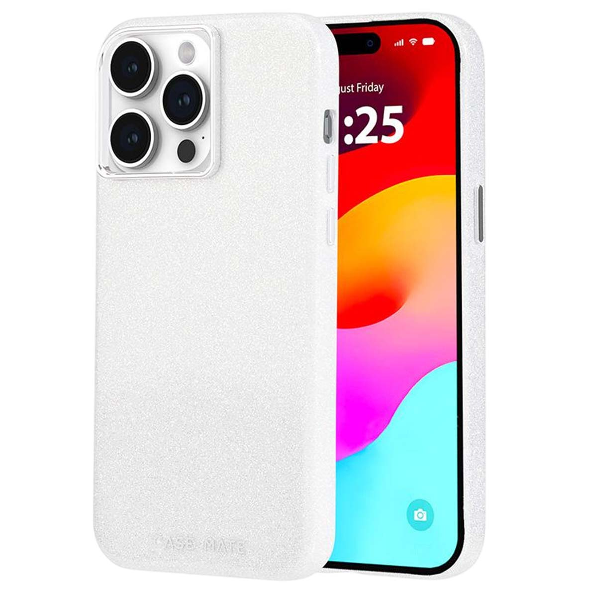 Un iPhone con una custodia bianca. Lo schermo mostra l'ora e uno sfondo colorato. La custodia copre il retro e i lati.