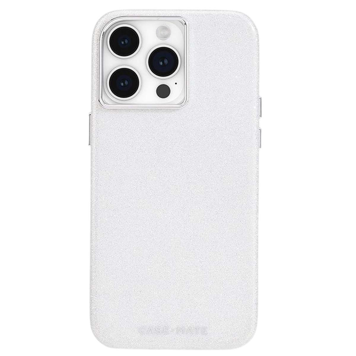 Una custodia bianca per telefono con modulo fotocamera. La custodia è per un iPhone. La custodia ha una trama glitterata e il marchio è CASE-MATE.