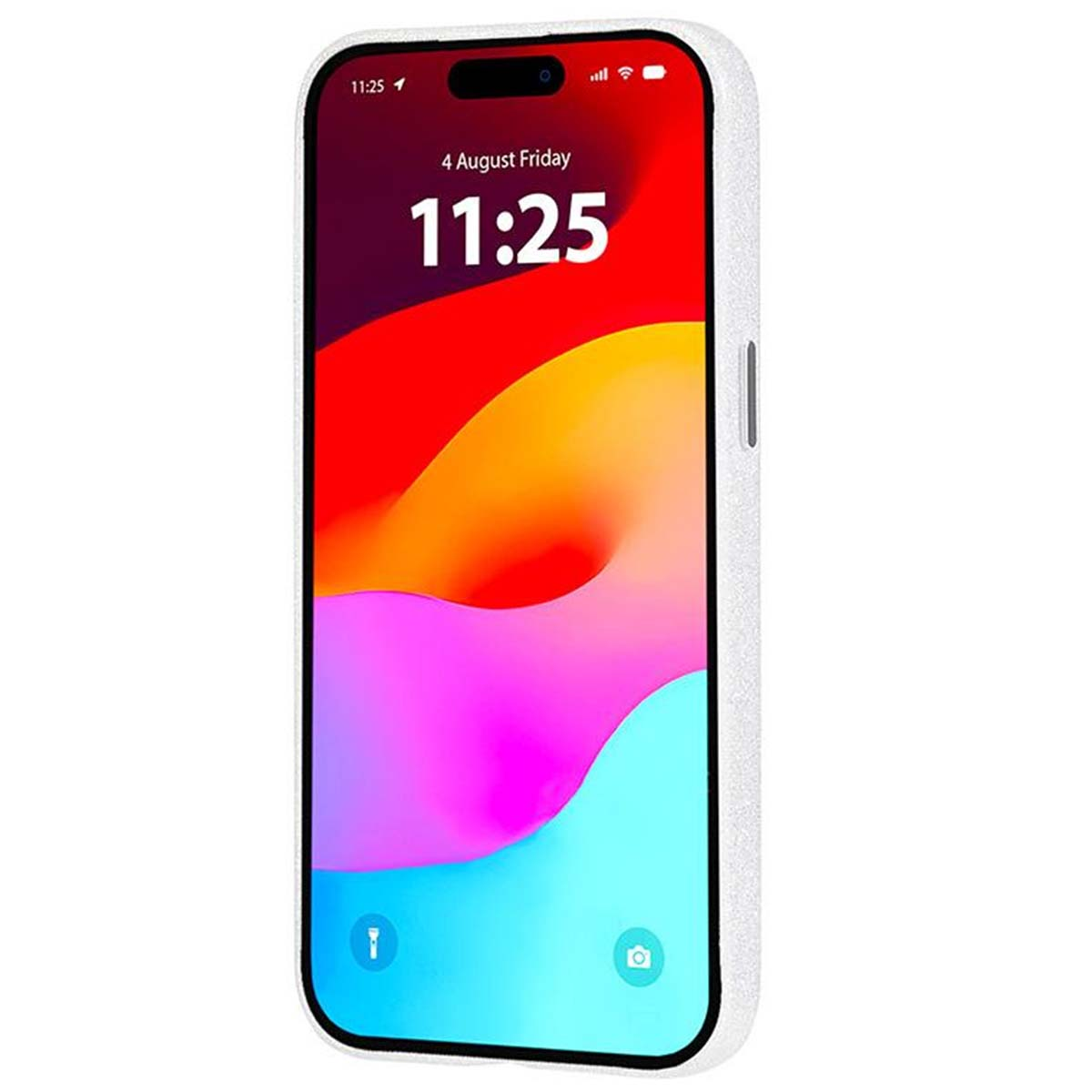 Uno smartphone che mostra uno sfondo astratto colorato. La schermata di blocco mostra data, ora 11:25 e icone. Il telefono ha una custodia bianca.