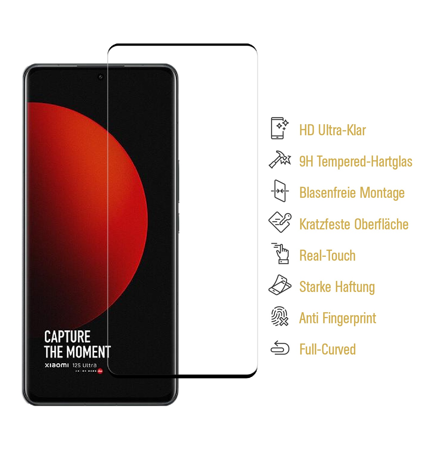 Smartphone mit aufgelegter Displayschutzfolie. Text auf dem Telefon lautet 'CAPTURE THE MOMENT'. Zu den Merkmalen gehören HD-Klarheit und Anti-Fingerprint.