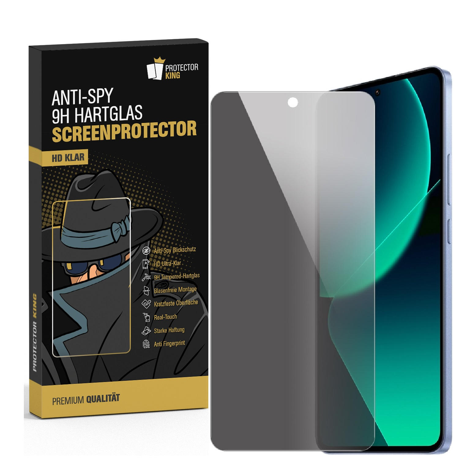 Eine Handy-Displayschutzfolienbox und ein Displayschutz befinden sich neben einem Smartphone. Auf der Box steht 'Anti-Spy' und 'Screenprotector'.