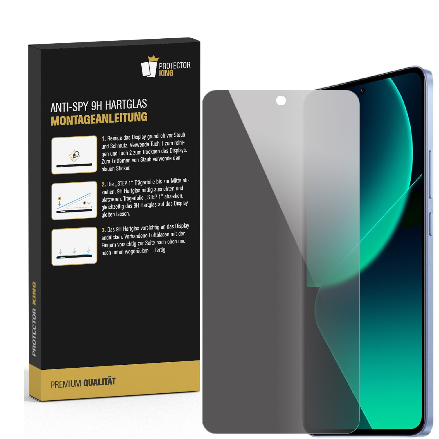 Ein Telefon mit Displayschutzfolie neben der Verpackung. Die Box enthält Anweisungen und die Worte 'ANTI-SPY HARTGLAS'.