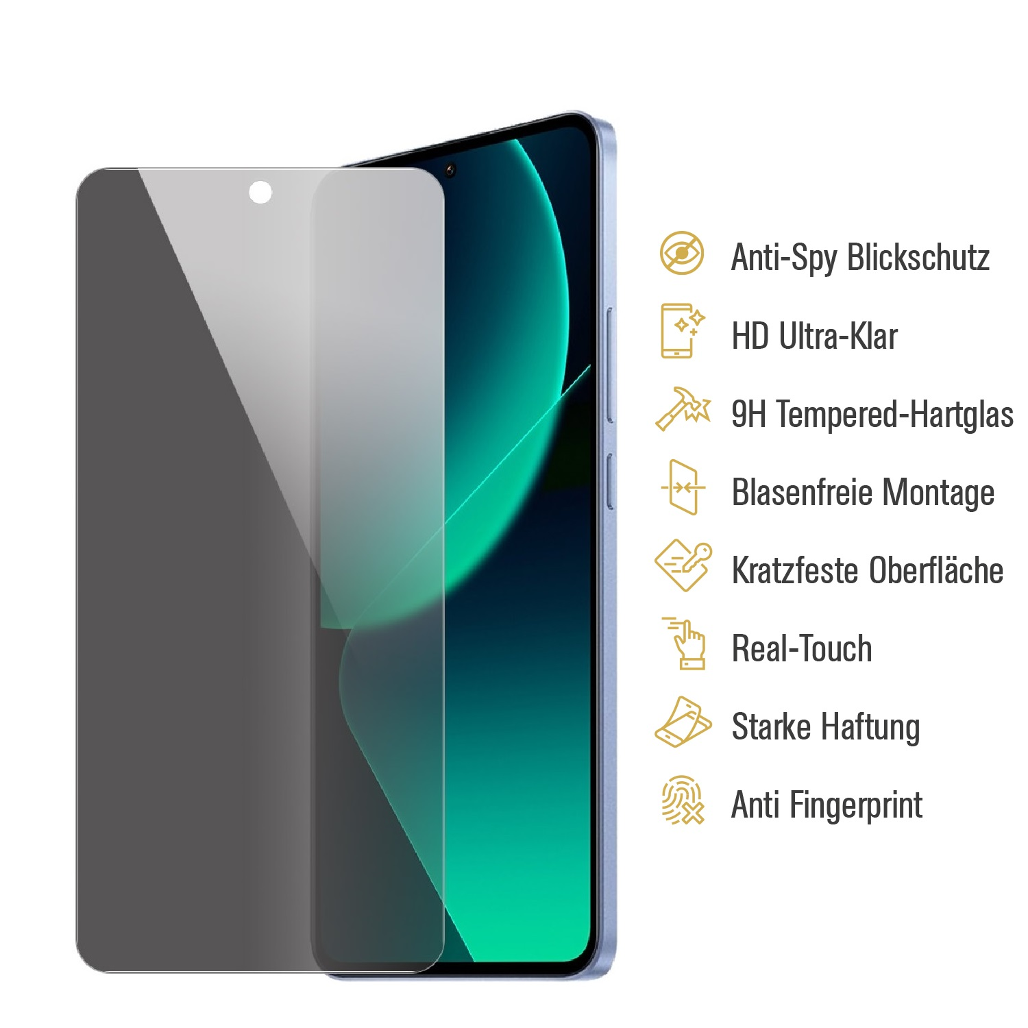 Ein Telefon mit Displayschutz. Der Displayschutz ist dunkelgrau. Das Telefon ist blau mit grünem und schwarzem Hintergrund.