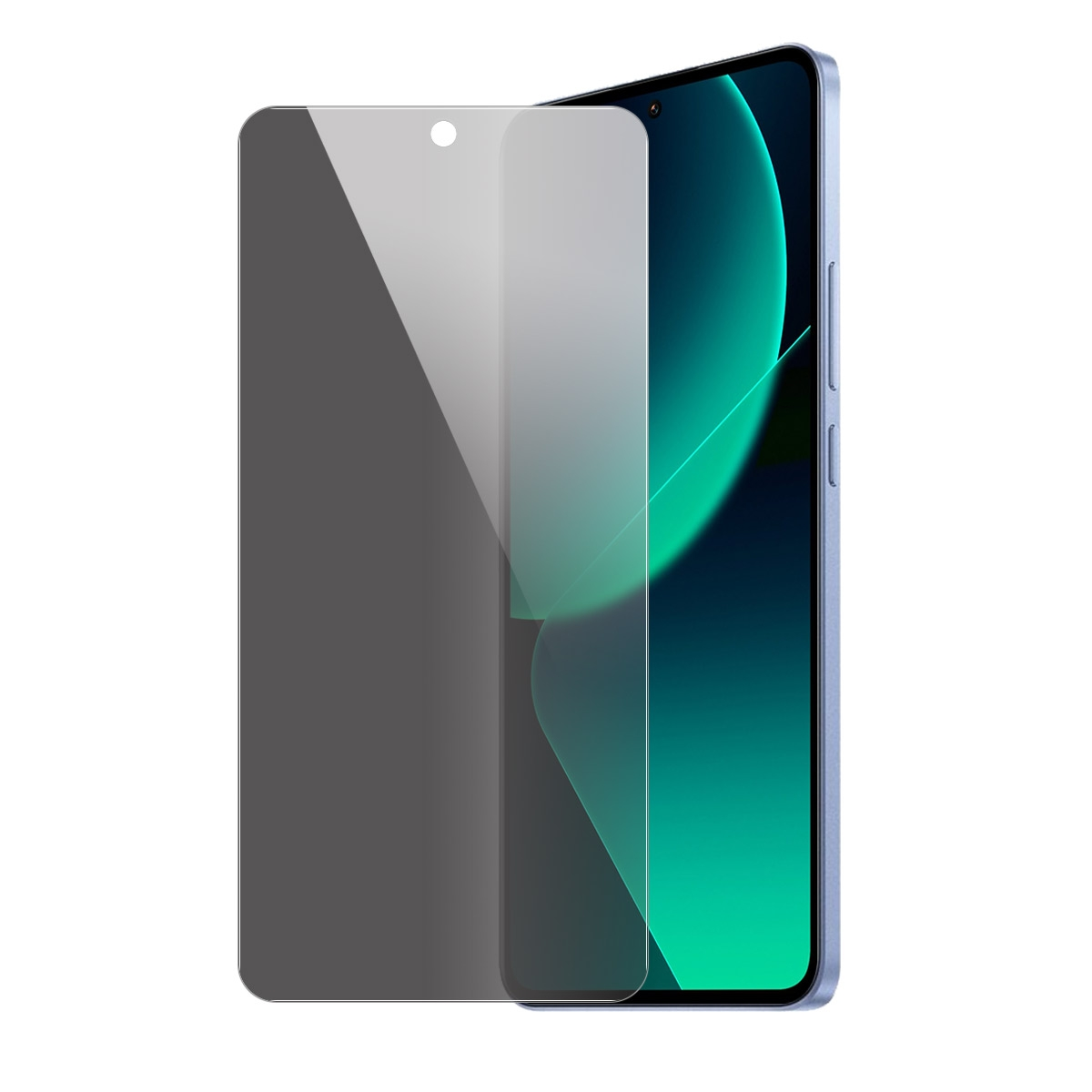 Ein Smartphone mit angebrachtem Displayschutz. Der Schutz ist grau, der Bildschirm zeigt ein türkis-grünes Design.