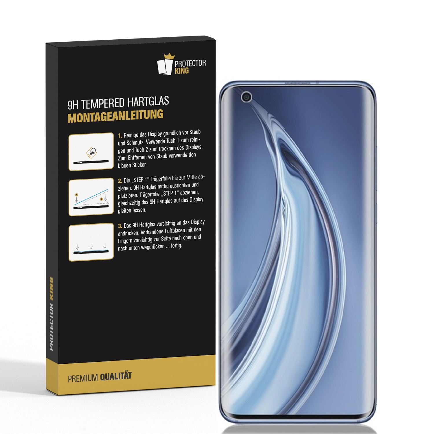 Das Bild zeigt ein Telefon mit Displayschutzfolie, eine Box mit Anweisungen und das Protector King-Logo. Das Telefon hat einen gebogenen Bildschirm.