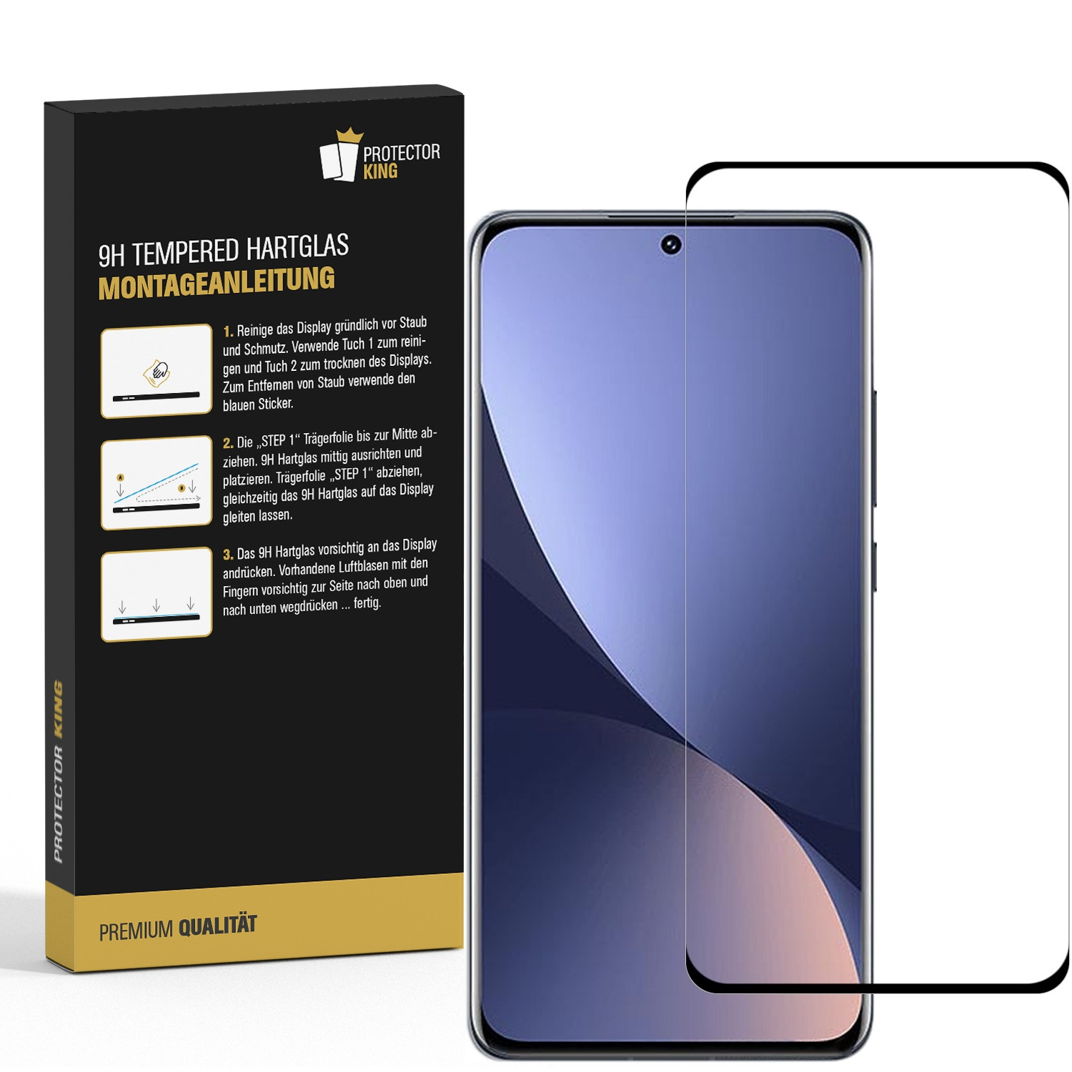 Ein Displayschutz-Kit. Die Box zeigt Anweisungen und ein Telefon. Ein separater Schutz wird ebenfalls angezeigt.