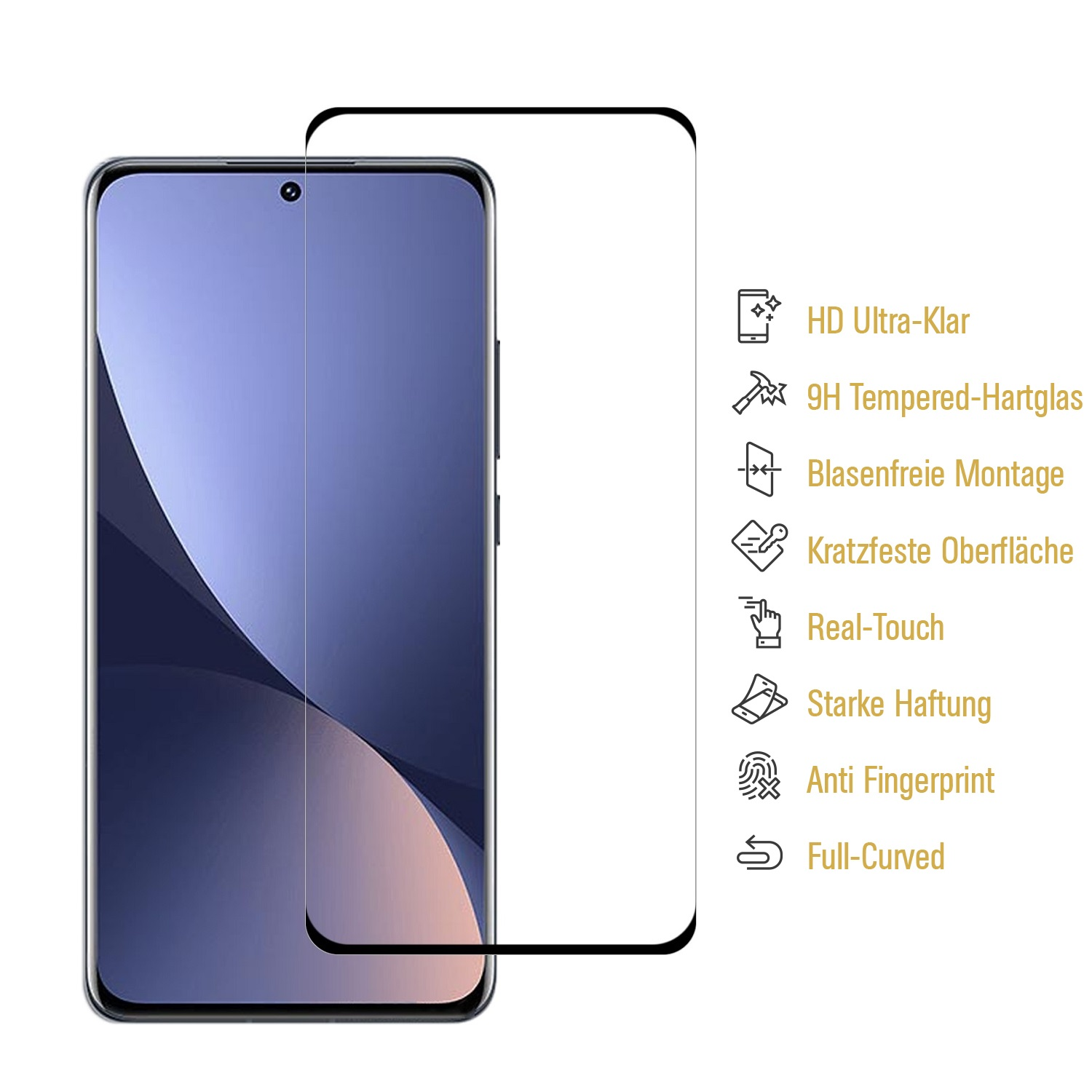 Ein Smartphone mit Displayschutzfolie wird gezeigt. Der Schutz befindet sich neben dem Telefon und hat Text wie 'HD Ultra-Klar' rechts.