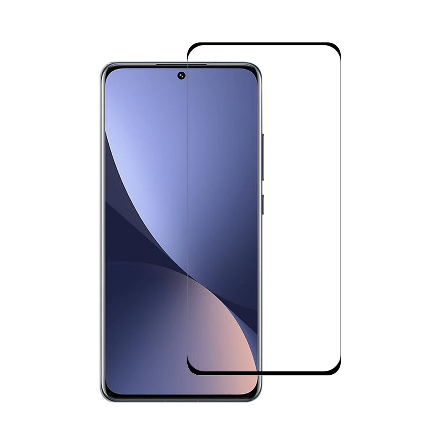 Ein Smartphone mit Displayschutzfolie auf weißem Hintergrund. Das Telefon ist schwarz mit blauem Bildschirm. Der Schutz ist klar.