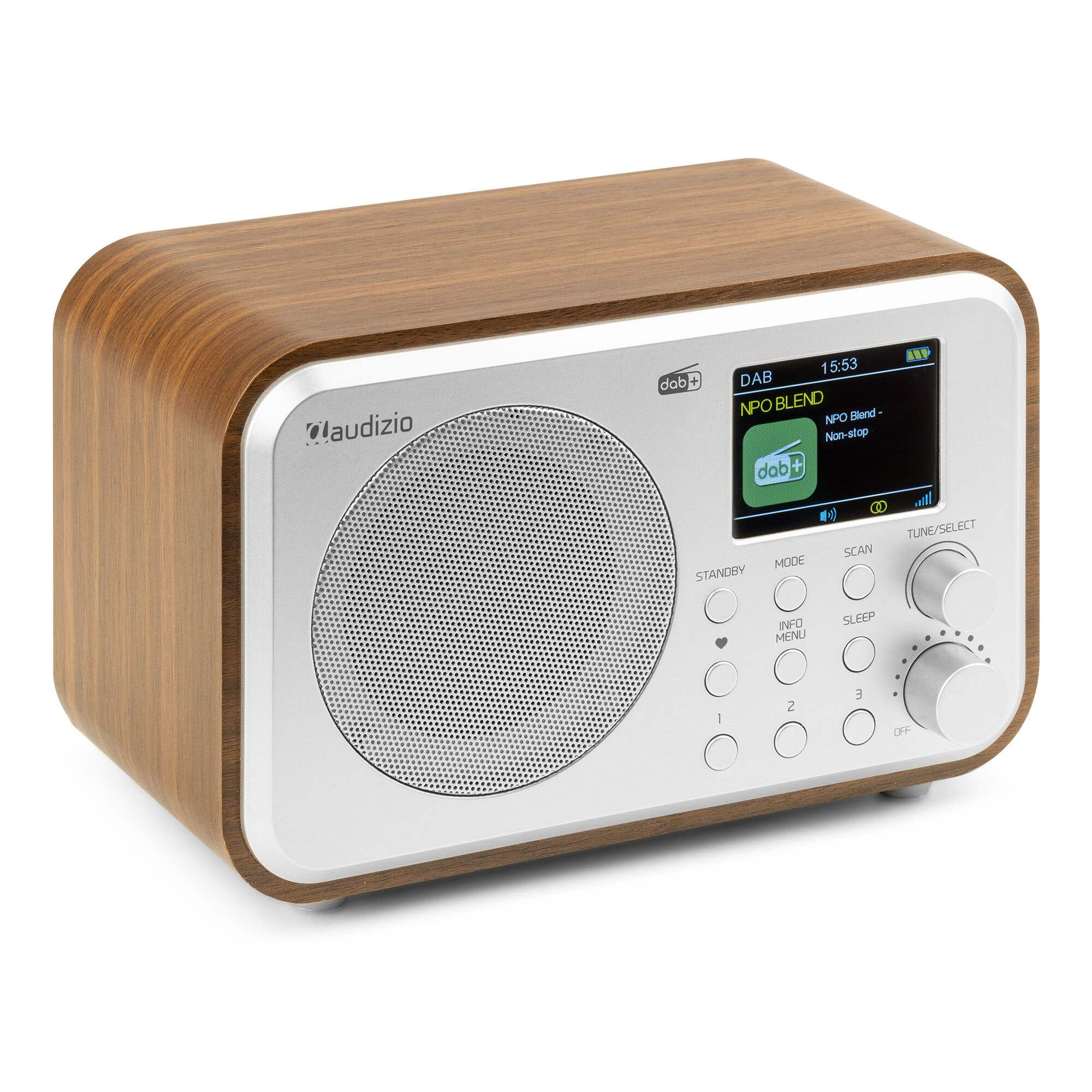 Una radio de madera con frontal plateado. Tiene una pantalla que muestra 'NPO Blend' y botones. Un dial está a la derecha.