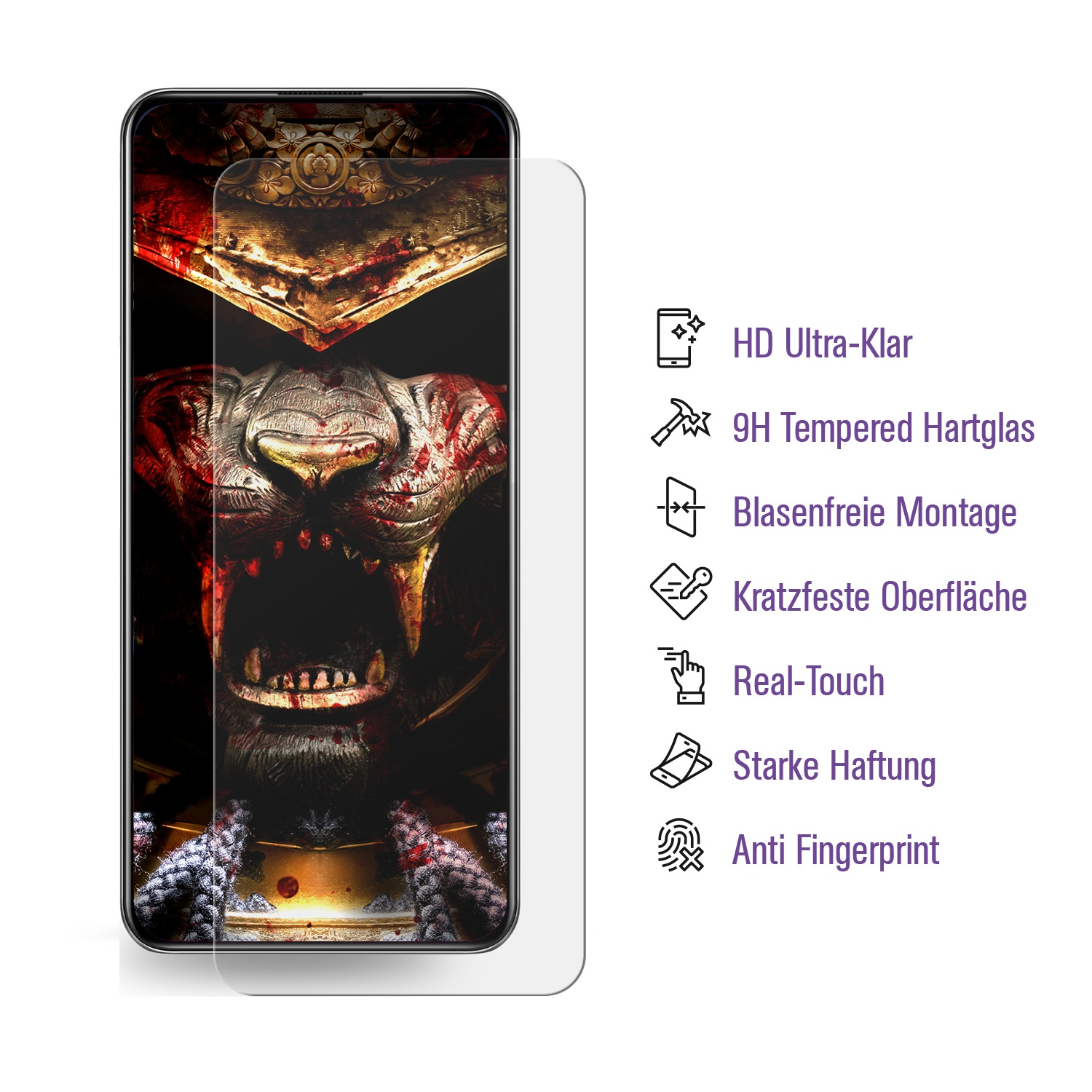 Ein Displayschutz mit einem Horrorbild eines Monsters auf dem Telefon. Merkmale umfassen HD-Klarheit, Kratzfestigkeit und starke Haftung.