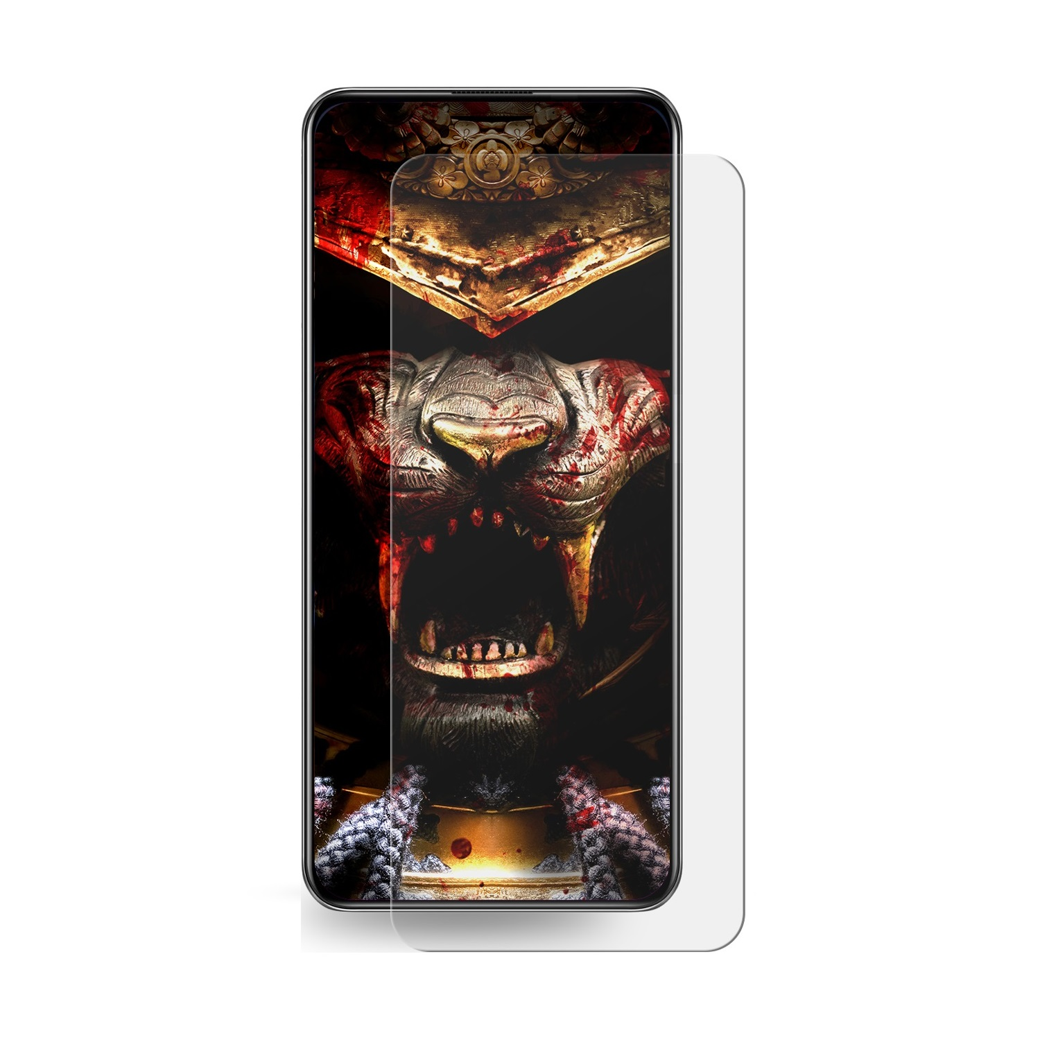 Ein Telefonbildschirm zeigt ein knurrendes Monster mit roten Akzenten. Ein Displayschutz ist darauf angebracht. Der Hintergrund ist dunkel.