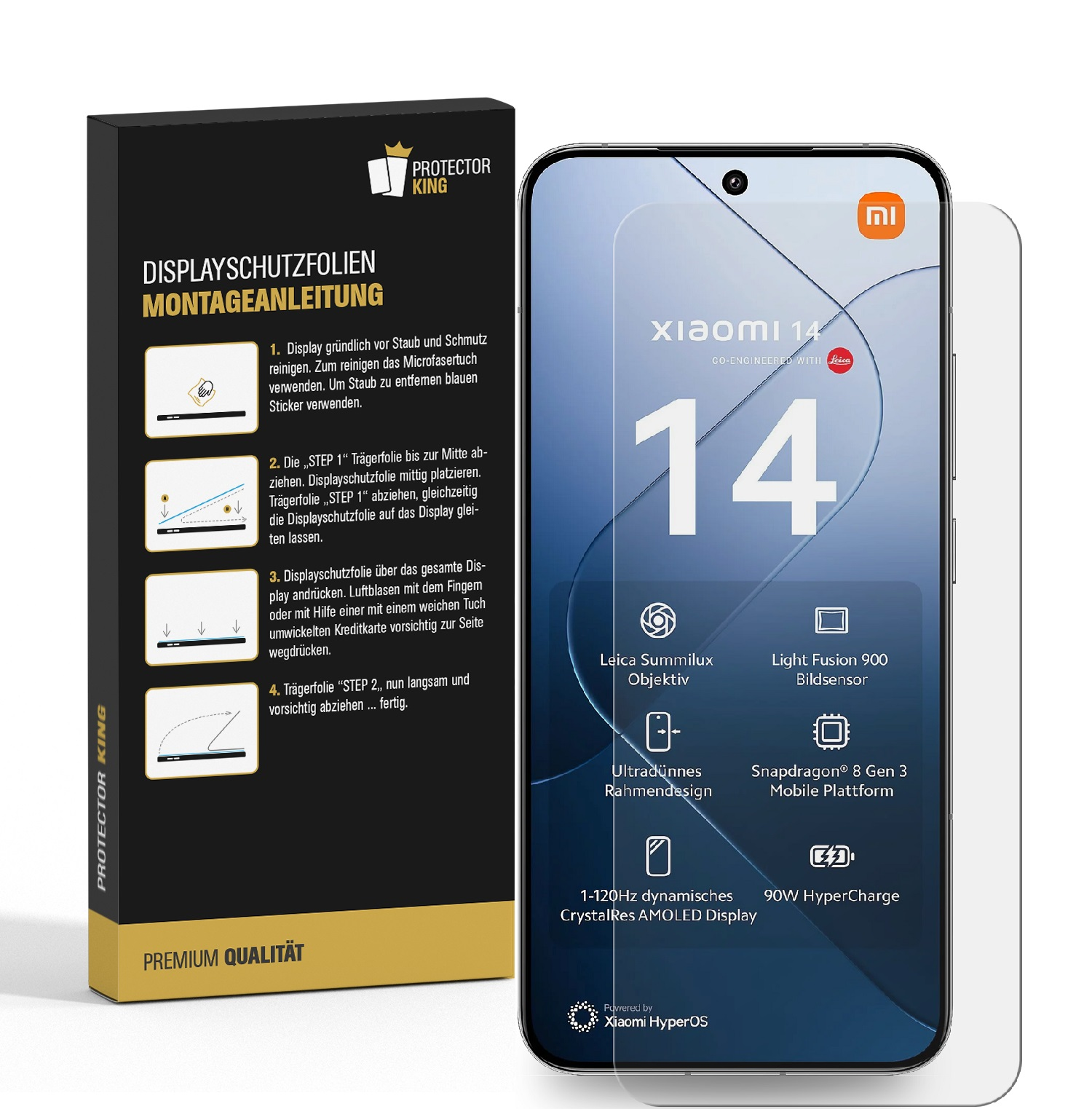 Ein Displayschutzfolien-Kit mit einem Telefon rechts und einer Box links. Das Telefon zeigt das Xiaomi 14, und die Box hat Anweisungen.