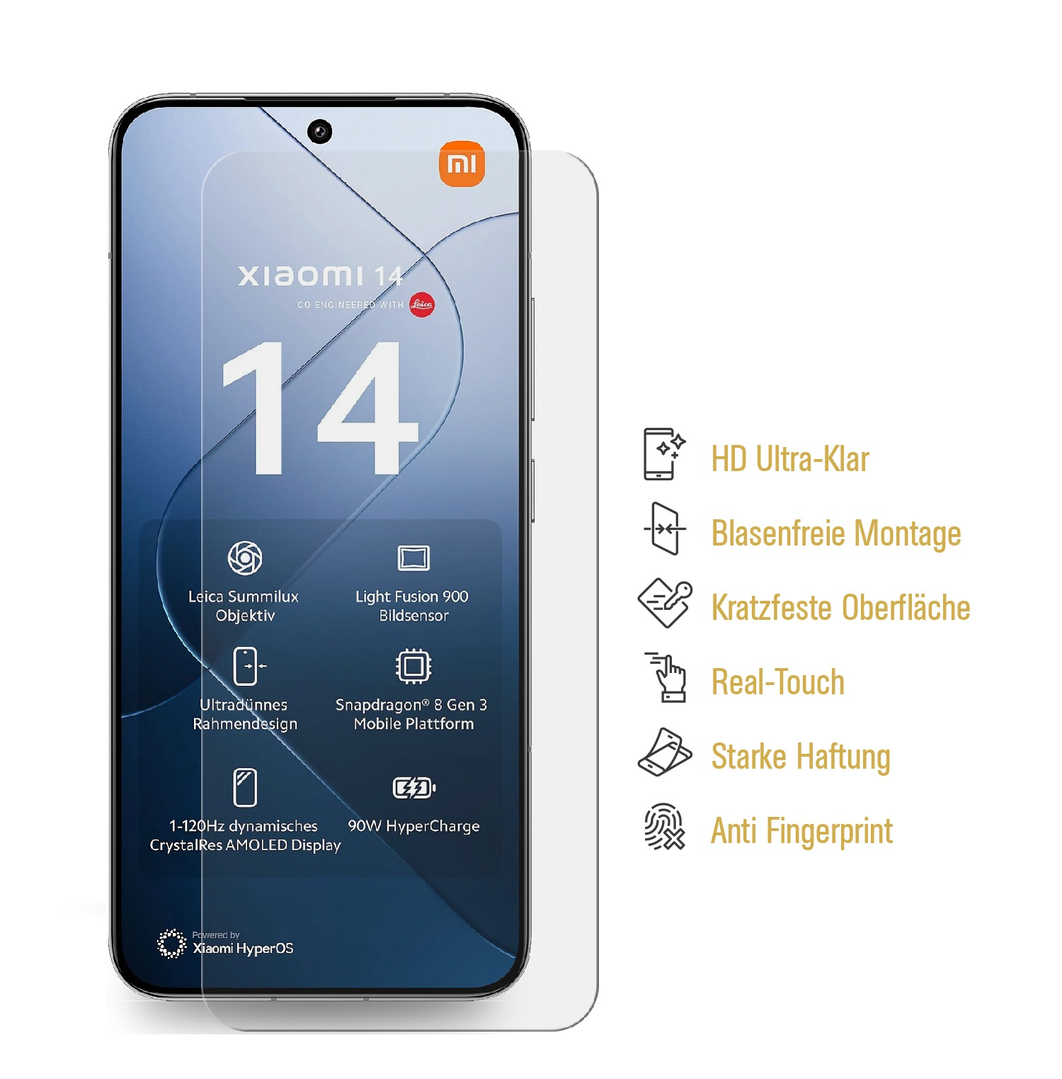 Ein Displayschutz für ein Smartphone, der ein Xiaomi 14-Telefon zeigt. Zu den Merkmalen gehören das Markenlogo, Leica-Branding und wichtige Spezifikationen.