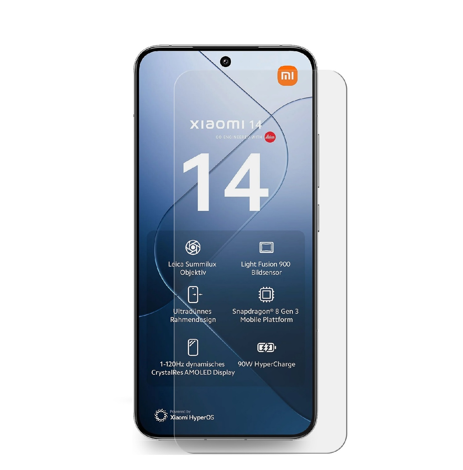 Xiaomi 14 Smartphone mit Displayschutz. Das Display zeigt Funktionen: Leica-Kamera, Snapdragon-Prozessor und AMOLED-Display.