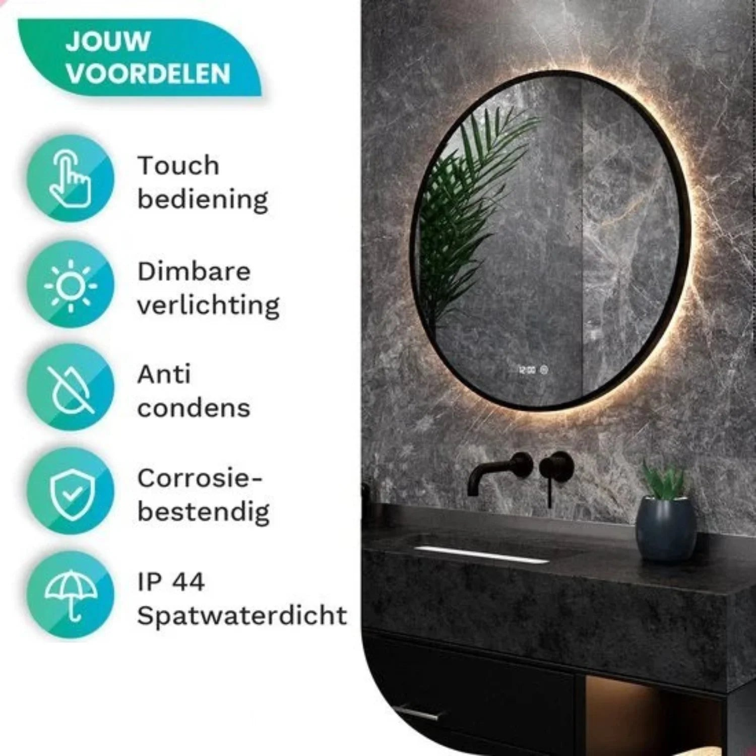 Een moderne badkamer met ronde spiegel, zwarte kraan en wastafel. Kenmerken zijn touch control, dimbare verlichting en anti-condensatie.