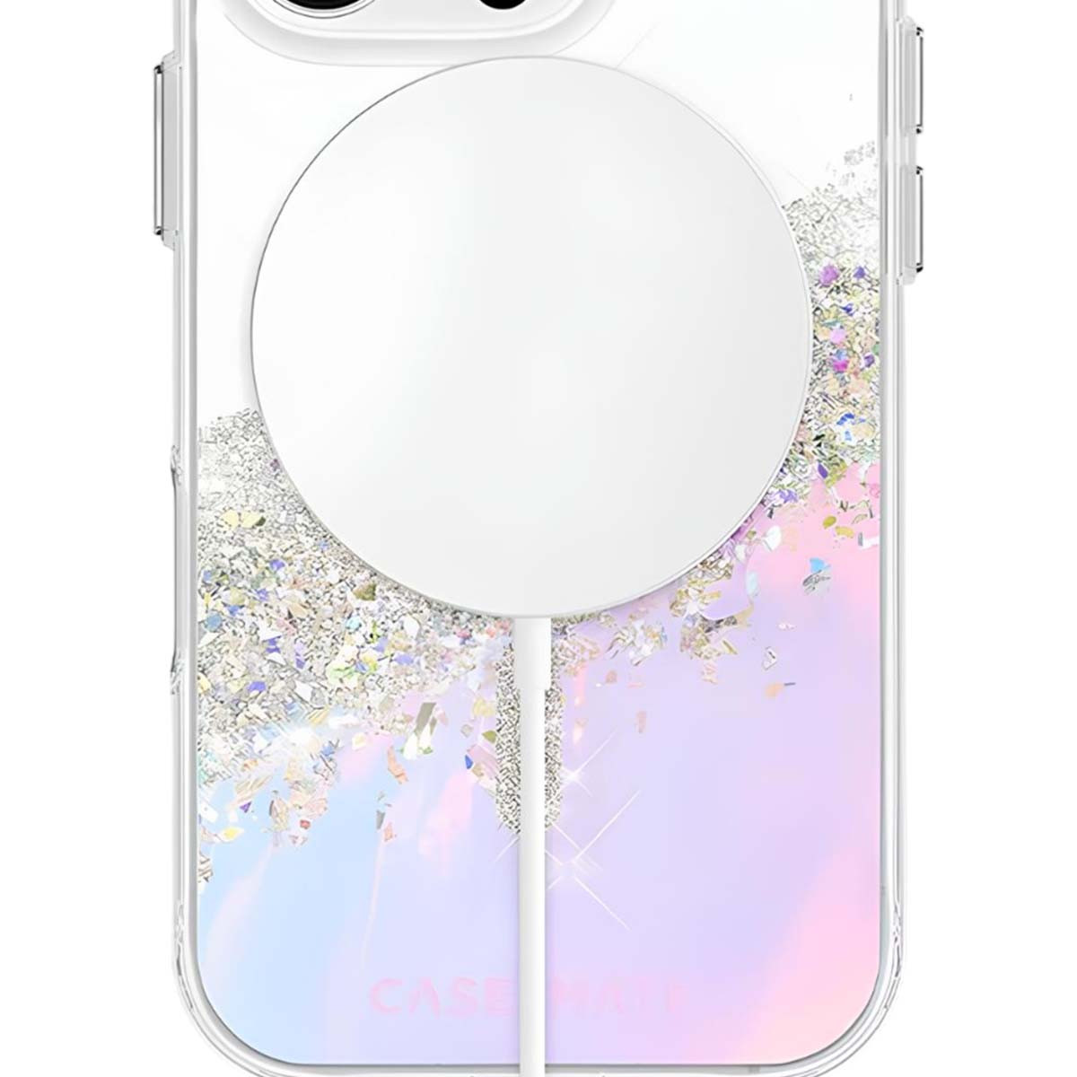 Una custodia trasparente per telefono con caricabatterie MagSafe bianco. La custodia ha glitter e uno sfondo sfumato pastello viola-rosa.