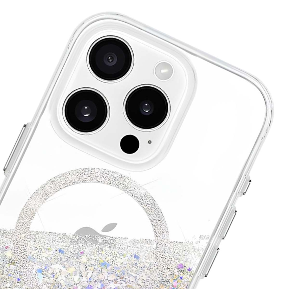 Custodia trasparente per telefono con glitter. Sono visibili tre obiettivi e un flash. Il logo Apple è in basso.