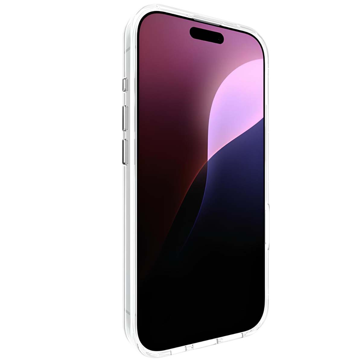 Uno smartphone in una custodia trasparente, con schermo scuro e gradienti viola e neri. I pulsanti laterali sono visibili.