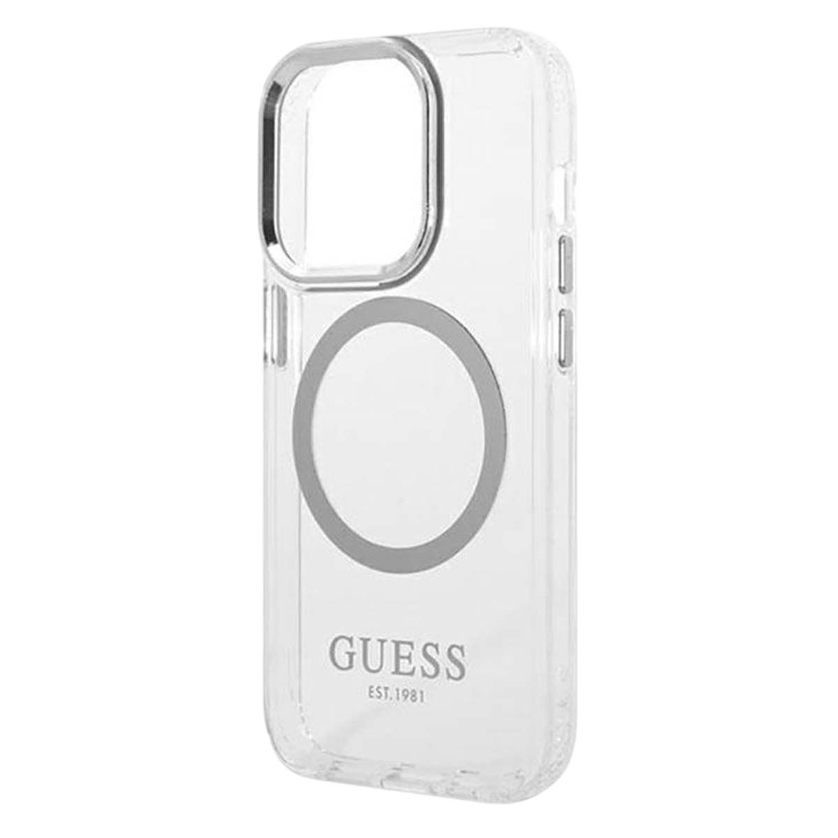 Custodia trasparente Guess per telefono con dettagli argentati. Presenta un ritaglio per la fotocamera, un anello MagSafe circolare e il logo Guess.