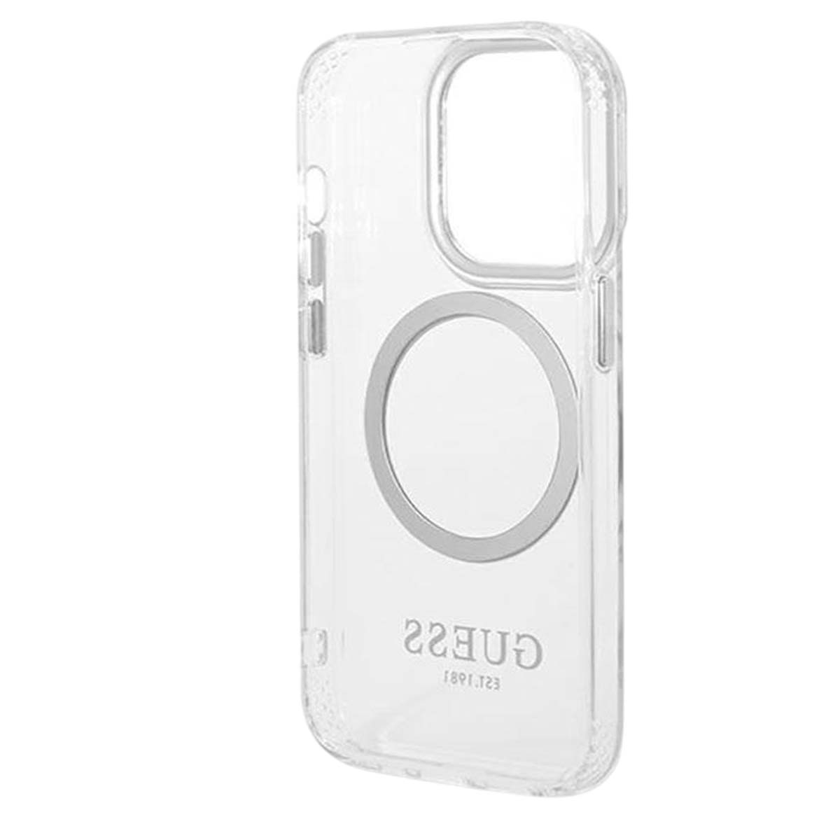 Una custodia trasparente per telefono con un cerchio grigio e la scritta GUESS. La custodia ha aperture per la fotocamera e i pulsanti.