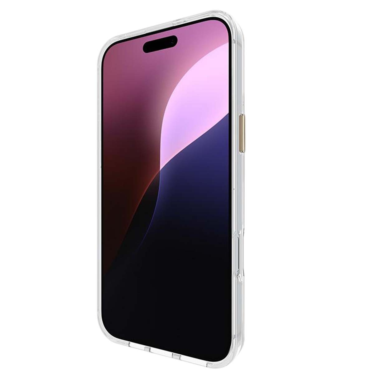 Uno smartphone in una custodia trasparente. Lo schermo mostra una sfumatura di colori dal viola al nero. La custodia è trasparente.