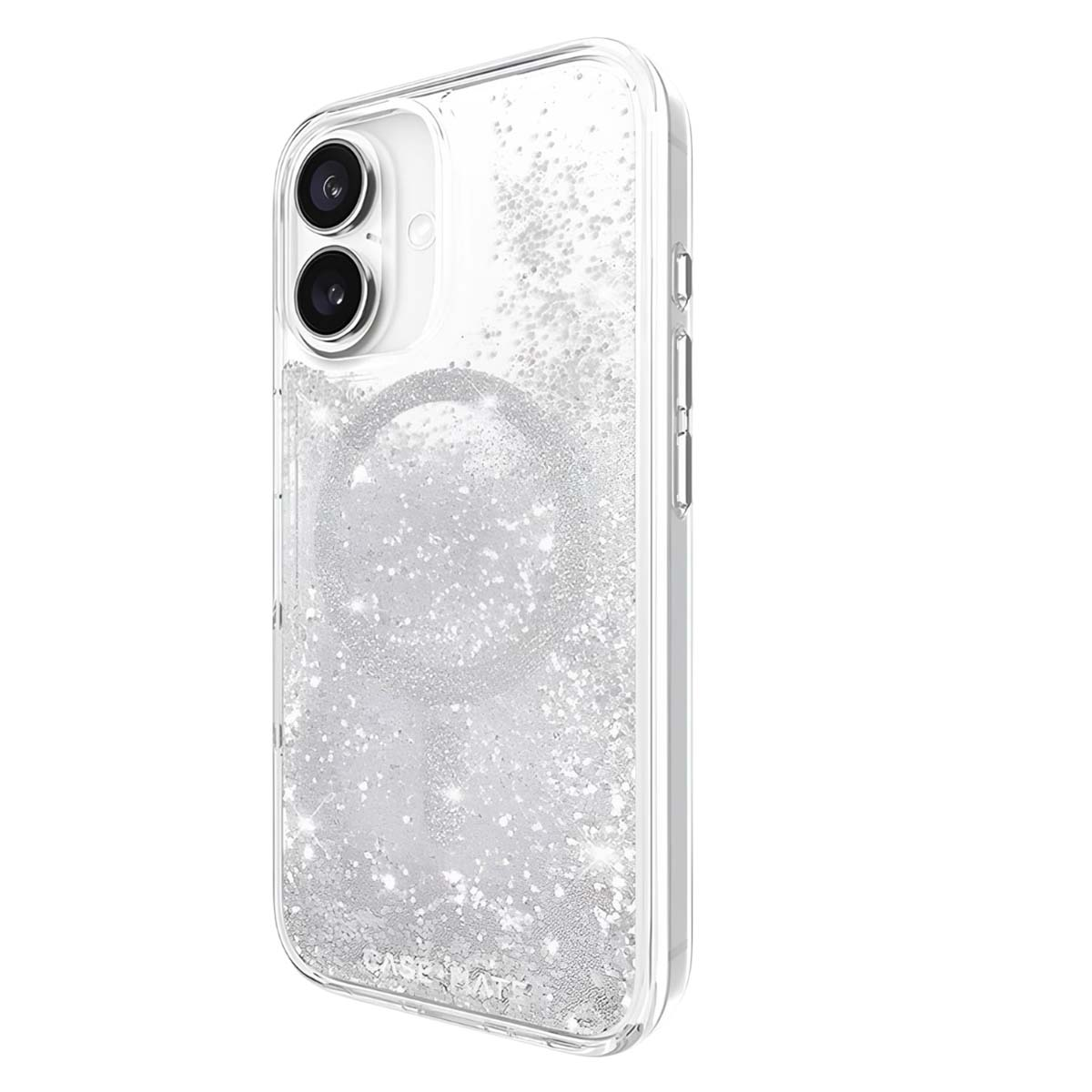 Custodia trasparente per telefono con glitter argentati. Con due lenti della fotocamera e pulsanti laterali. Glitter galleggianti.
