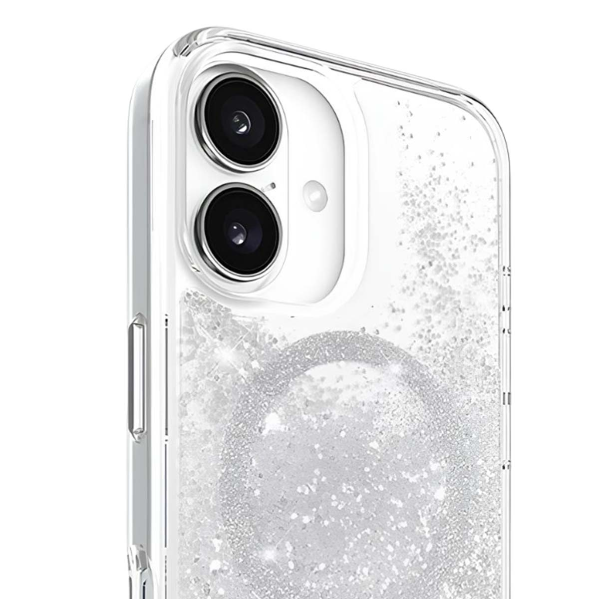 Custodia trasparente per telefono con due lenti. All'interno, glitter argentati fluttuanti. La custodia è trasparente.