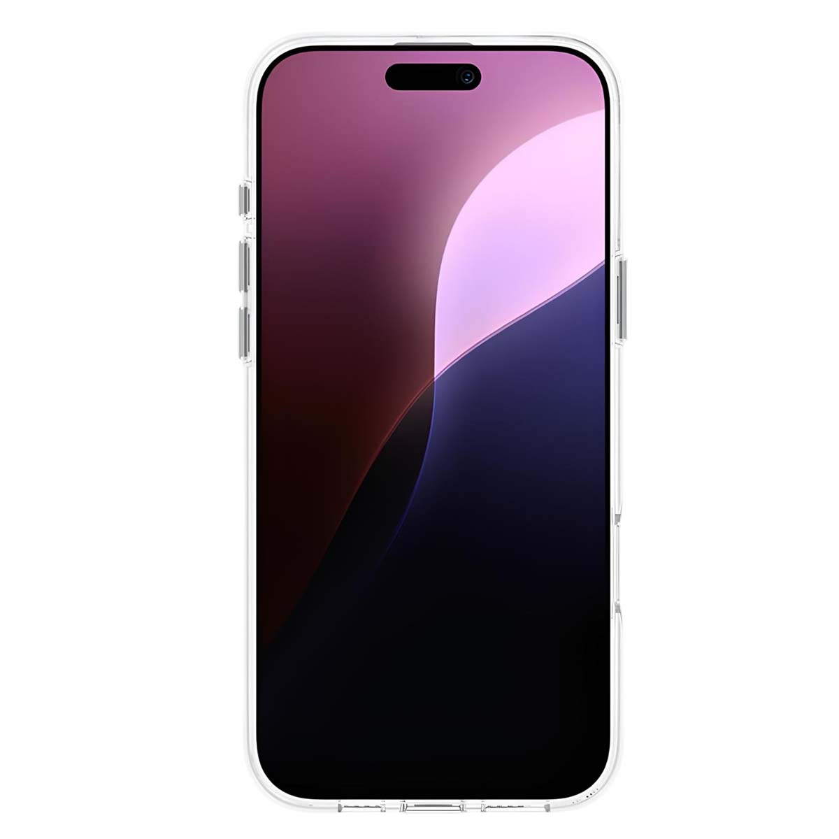 Uno smartphone in una custodia trasparente. Lo schermo mostra una sfumatura dal rosa al nero. La custodia ha dei pulsanti.