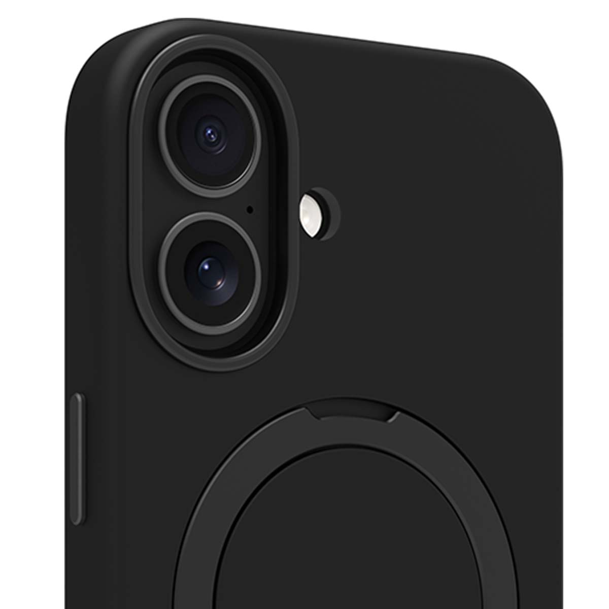Primo piano di una custodia nera per telefono con doppie lenti della fotocamera e un anello magnetico circolare. La custodia è opaca e minimalista.