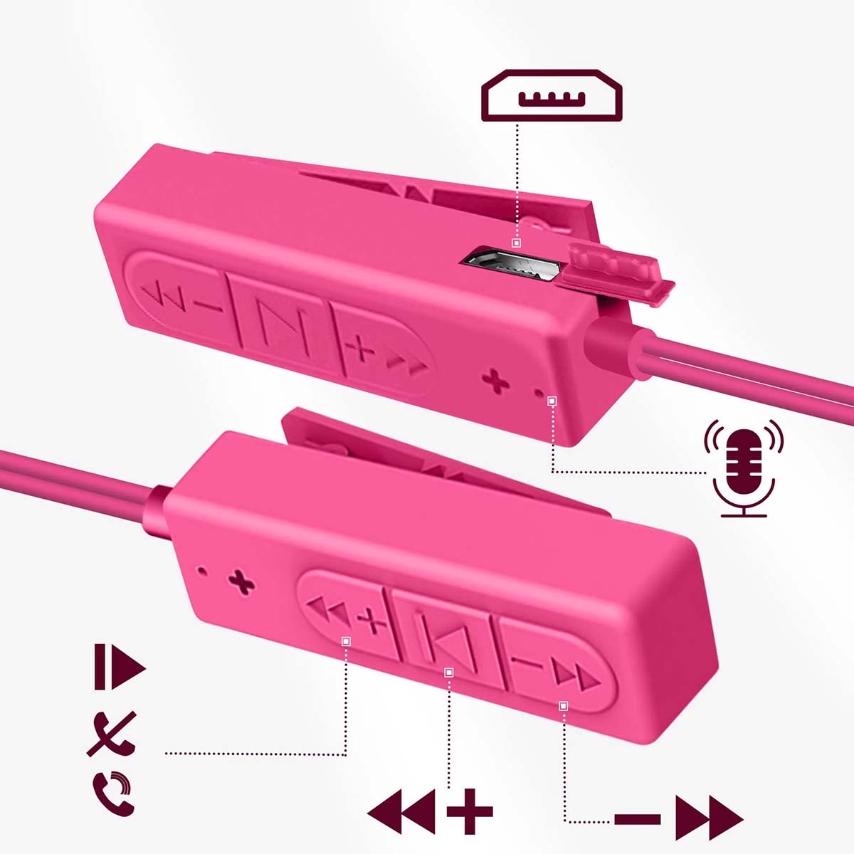 Dispositivo audio Bluetooth rosa con pulsanti di controllo, una porta USB e un'icona del microfono. Il dispositivo è su sfondo bianco.