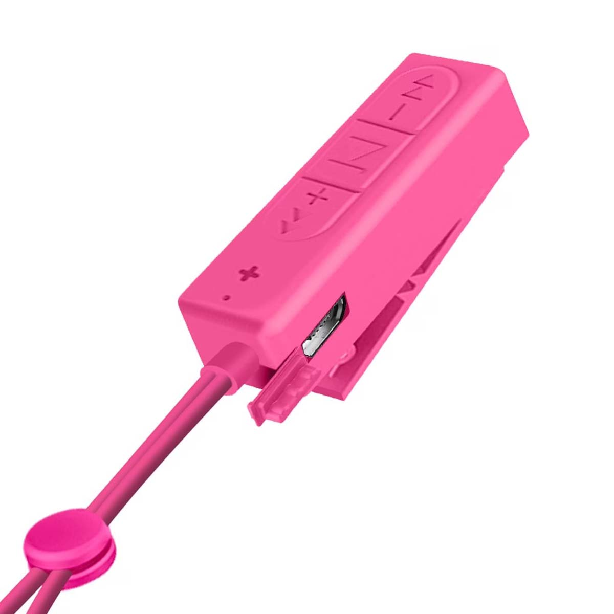 Un dispositivo Bluetooth rosa con pulsanti e una porta di ricarica è mostrato, con un cavo rosa e sfondo bianco.