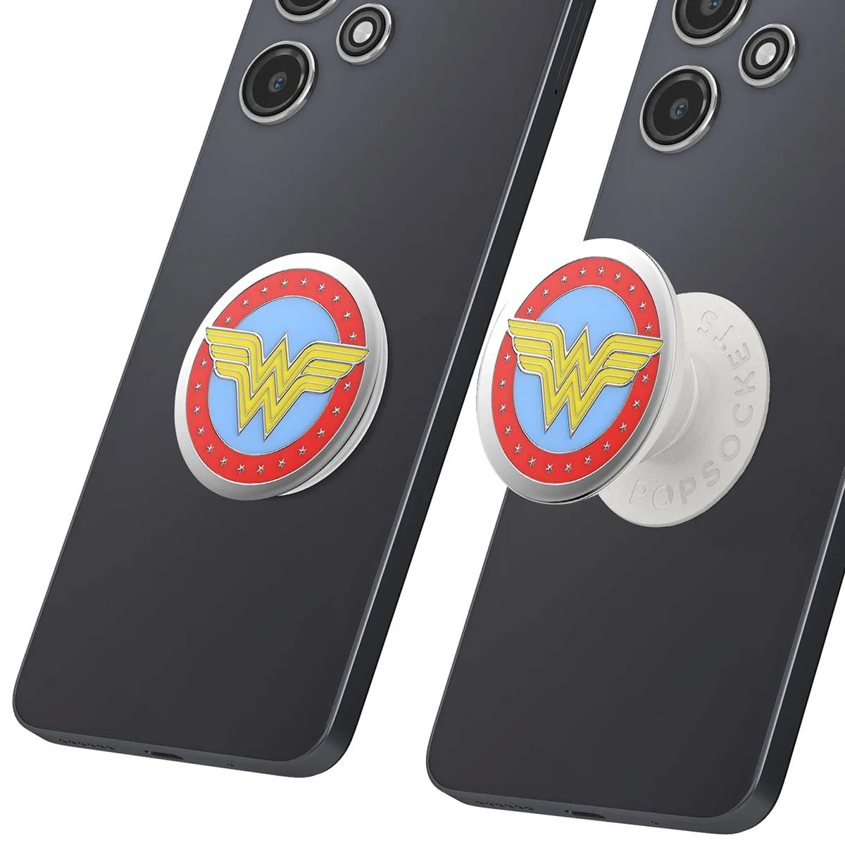Due telefoni neri con PopSocket di Wonder Woman. Ognuno ha un logo rosso, blu e giallo. Uno è esteso, l'altro è chiuso.