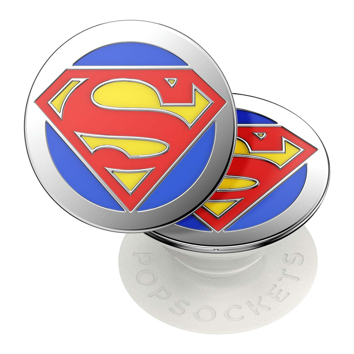 Due PopSockets con il logo di Superman. Il logo presenta una 'S' rossa su un diamante giallo, un bordo blu e una cornice argentata.