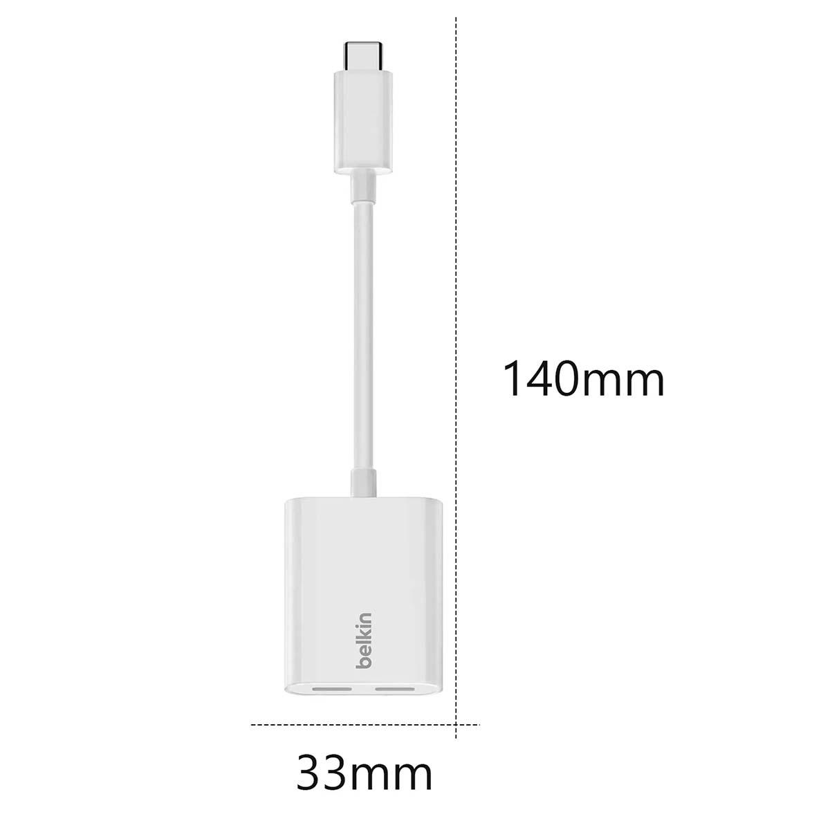 Un câble adaptateur Belkin blanc. Il mesure 140 mm de long et 33 mm de large. Il a un connecteur USB-C à une extrémité et un adaptateur rectangulaire à l'autre.